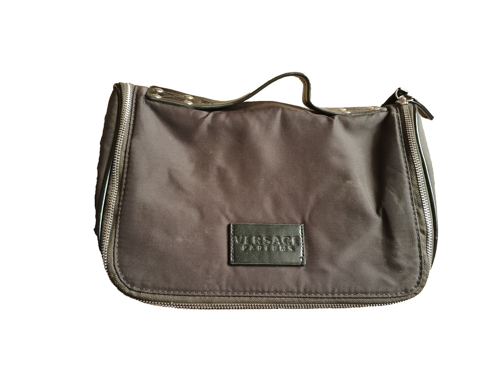 Vtg Versace Parfums Nylon Black Full Zip Travel Toiletry Bag Hang hook & Handle